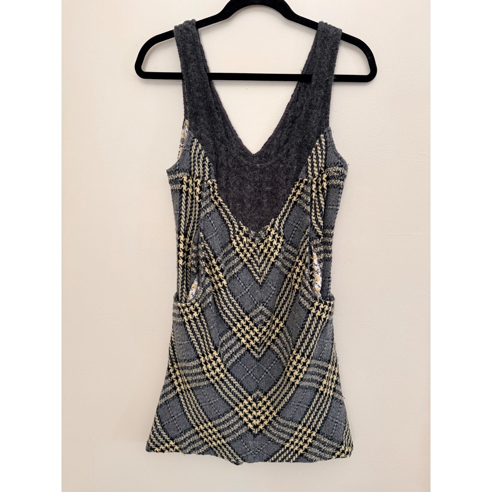 Free People Grey Yellow Plaid Wool Blend V-Neck Mini Dress Pockets Size 8